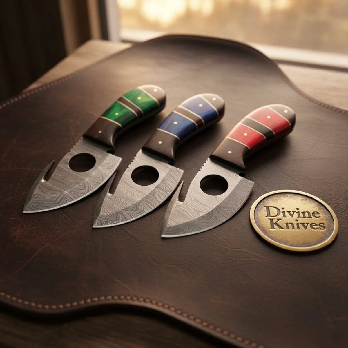 Triport Hole Cutout Gut Hook Skinner Set with Three Damascus Blades