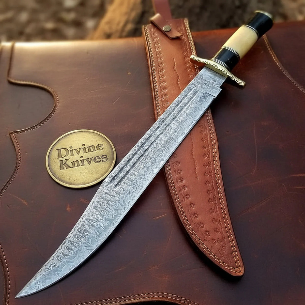 Stacked Bone Damascus Trailing Point Bowie with Alternating Bone Handle by Divine Knives