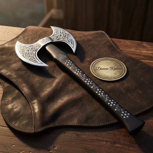 Norse Etched Double Head Viking Axe with Knotwork on Four Faces