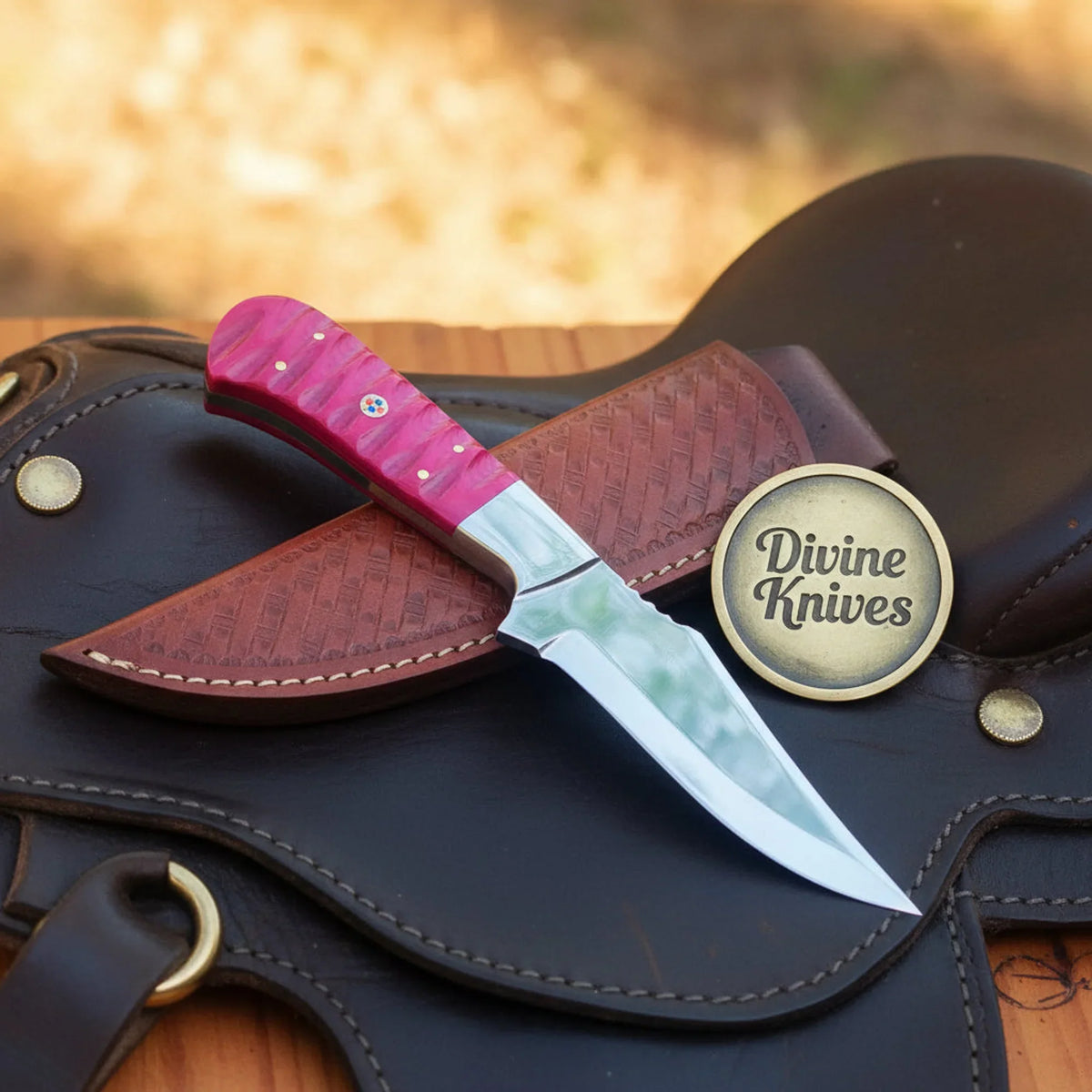 Rosegrain Pink Wood Recurve Skinner Knife with Dyed Stabilized Scales