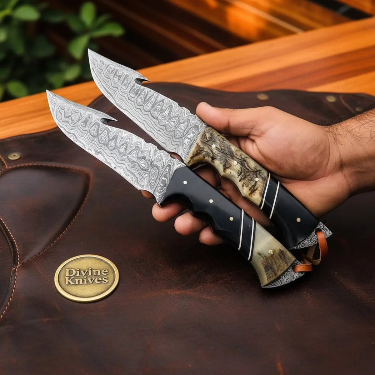 Buffalo & Ramhorn Gut Hook Knife Set with Natural Horn Handles