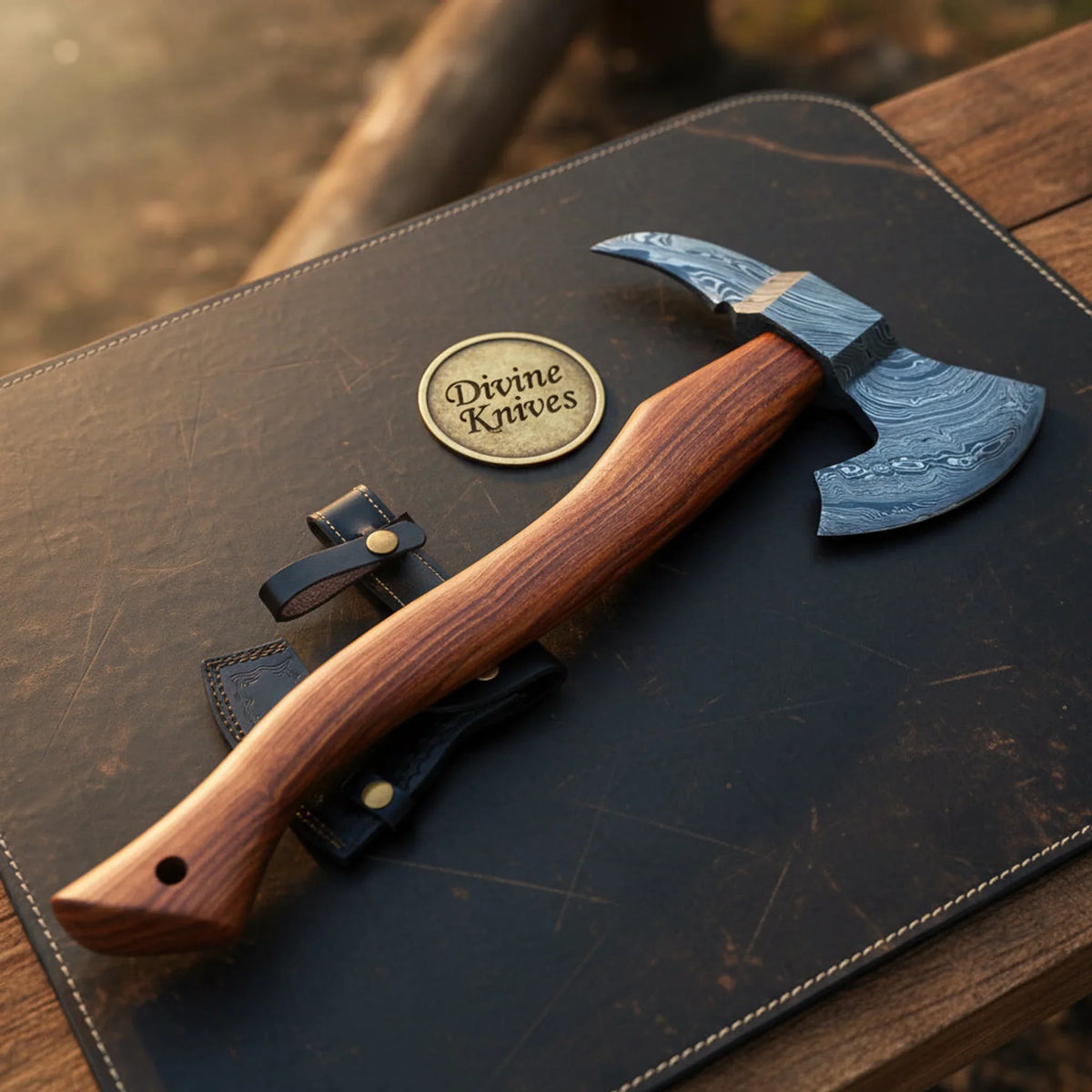 Damascus Steel Notch Tomahawk Axe with Wood Handle and Leather Sheath