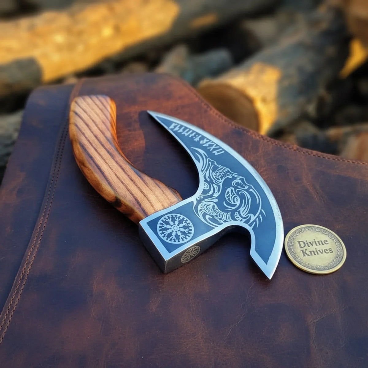 Viking Runic Pizza Ulu Axe with Engraved Head and Wood Handle by Divine Knives