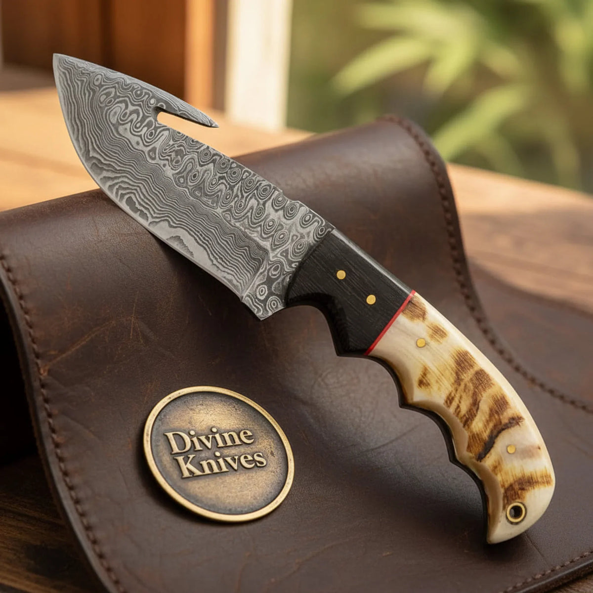 Hooktip Staghorn Damascus Gut Hook Skinner with Carved Finger Grooves by Divine Knives