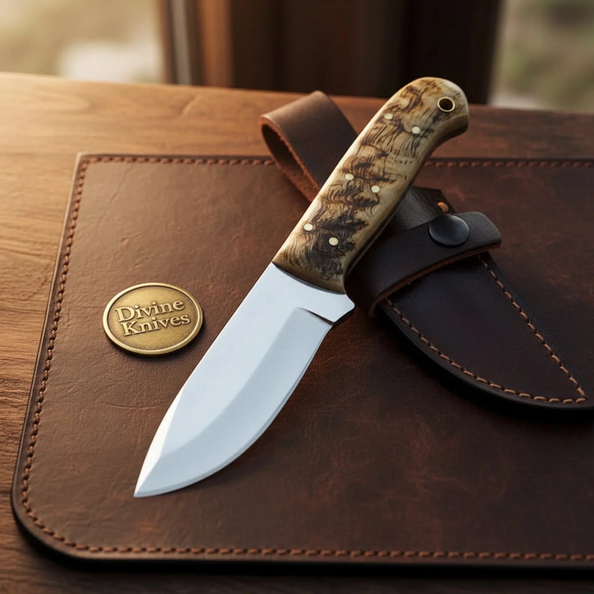 Ramhorn Drop Point Bushcraft Hunter with Natural Horn Handle by Divine Knives