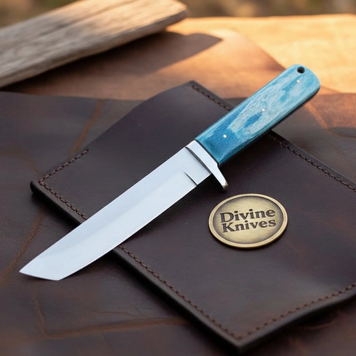 Blue Swirl Resin Japanese Tanto Knife with Angled Tip and Resin Handle