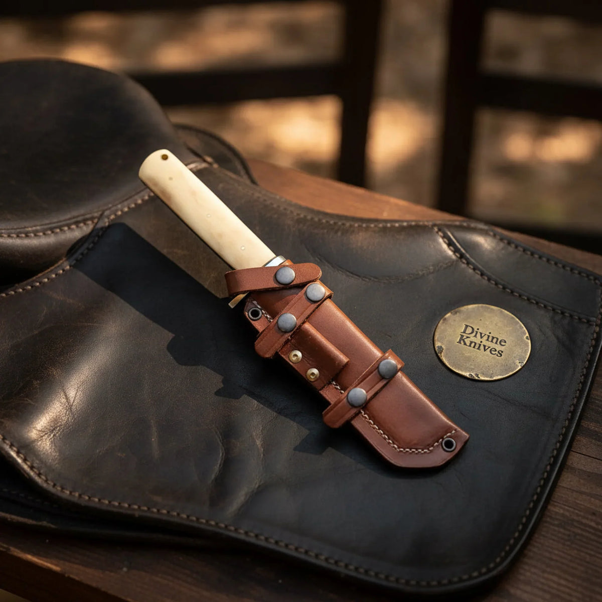 Camel Bone Japanese Tanto Knife with Angled Tip and Bone Handle detail view 2 by Divine Knives