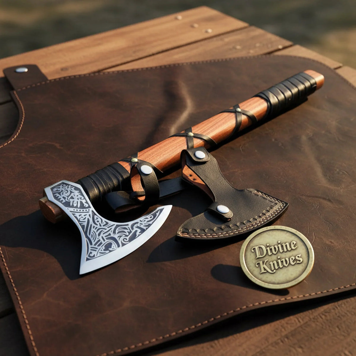 Celtic Knotwork Viking Bearded Axe with Leather Cross-Wrap Handle detail view 2 by Divine Knives