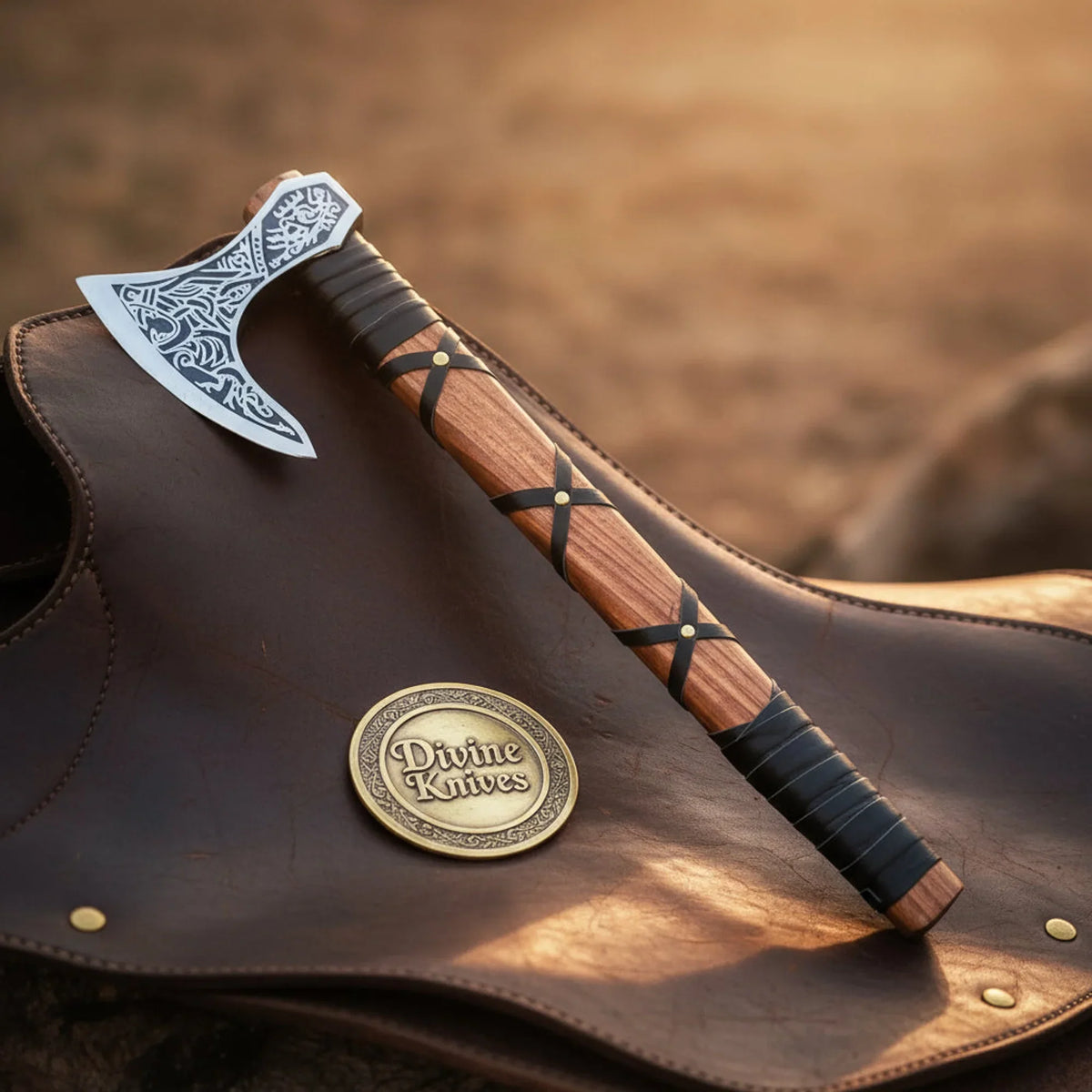 Celtic Knotwork Viking Bearded Axe with Leather Cross-Wrap Handle by Divine Knives