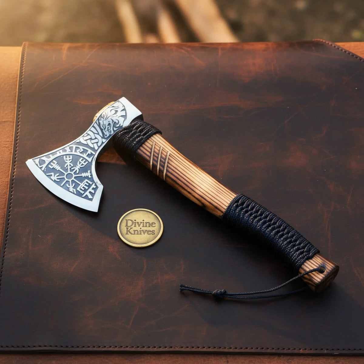 Vegvísir Viking Runic Hand Axe with Wood Handle and Cord Wrap