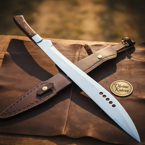 Long Machete Bowie Knife with Walnut Handle and Drilled Mirror Blade