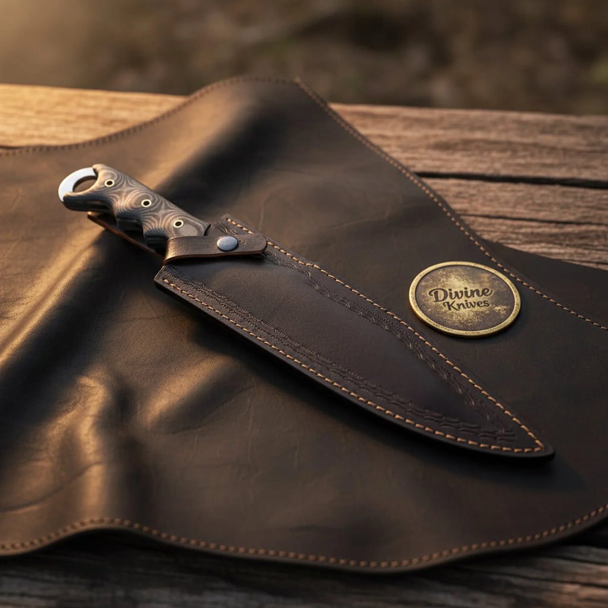 Micarta Handle Bushcraft Knife with Skeleton Ring Pommel and Snap Leather Sheath