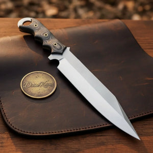 Micarta Handle Bushcraft Knife with Skeleton Ring Pommel and Snap Leather Sheath