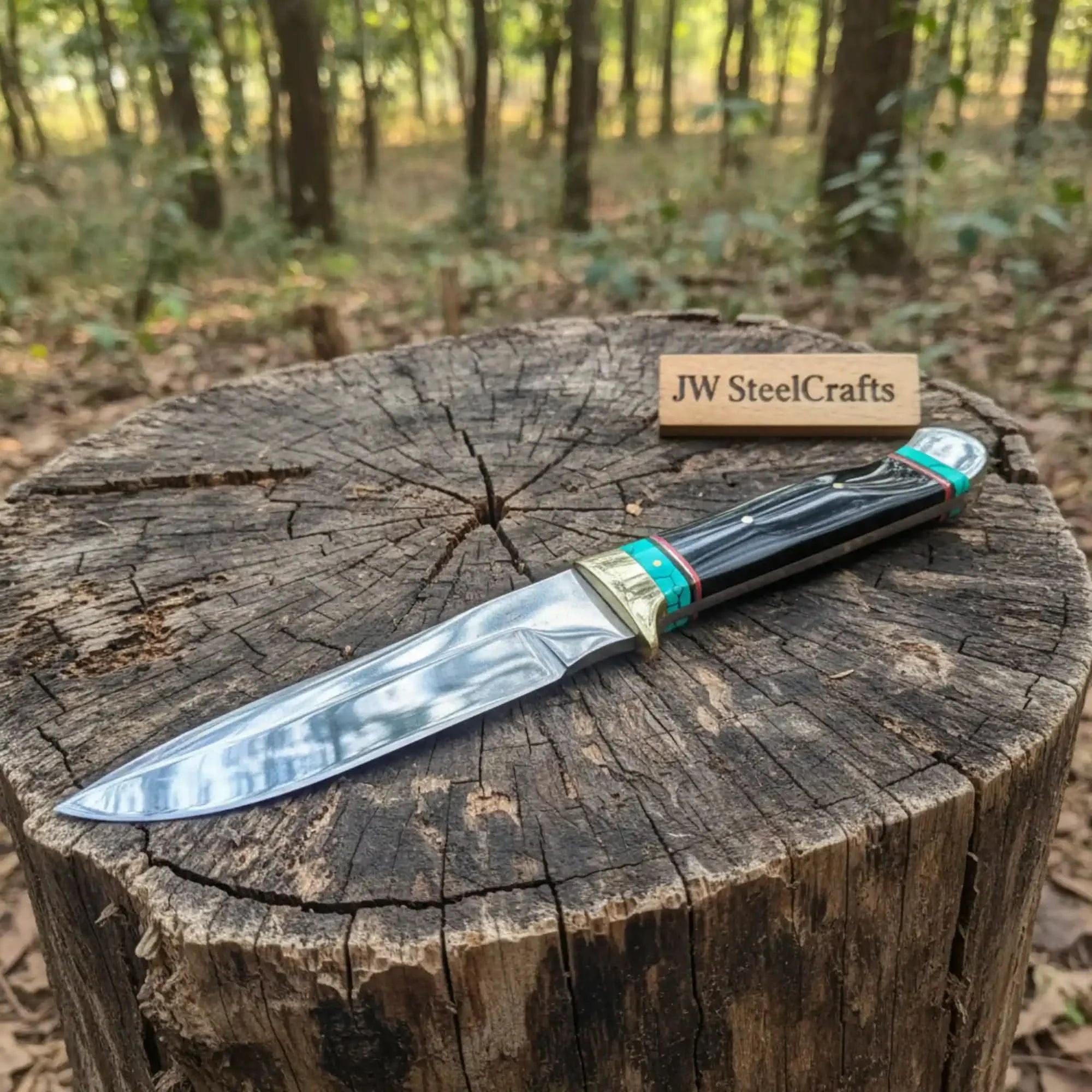 Carbon Steel 9-Inch Clip Point Bowie Knife — Buffalo Horn Handle with Turquoise Spacers by JW SteelCrafts, Damascus knife detail photo 2