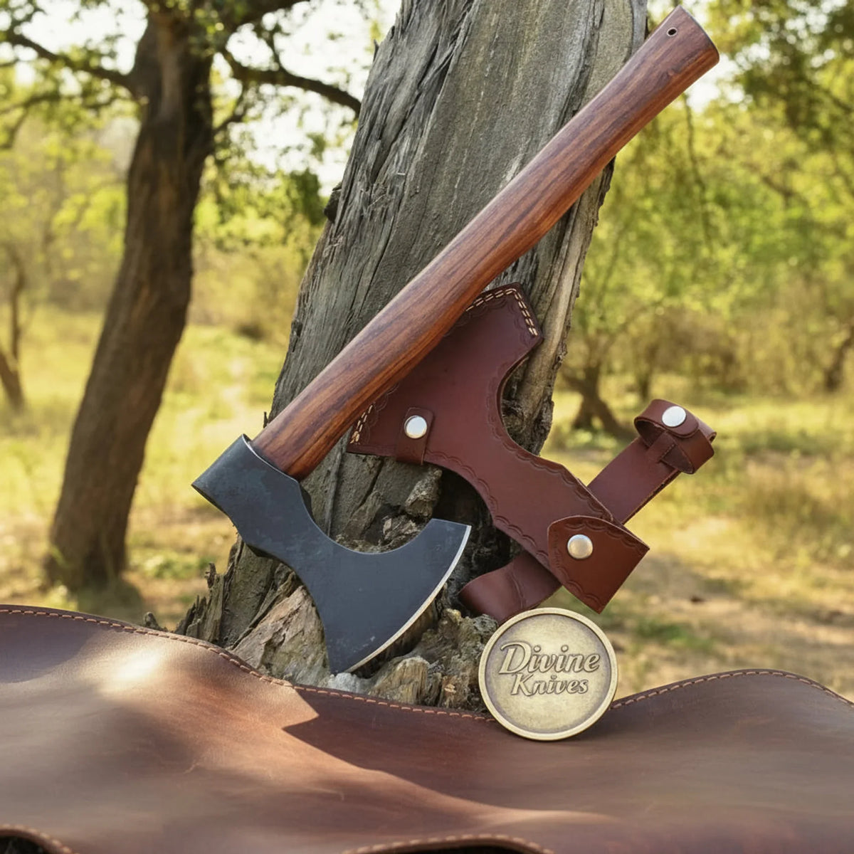 Bushcraft Bearded Camp Axe with Blackened Head and Long Rosewood Handle