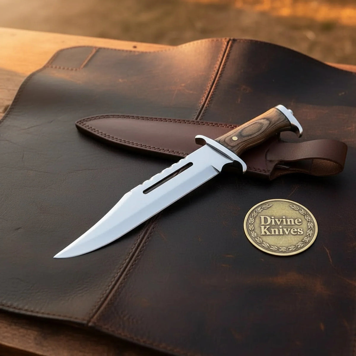 Fullered Clip Point Bowie Knife with Pakkawood Handle and Leather Belt Sheath