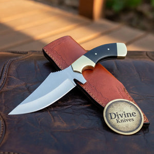 Buffalo Horn Skinner Knife with Brass Bolsters and Tooled Leather Pouch Sheath