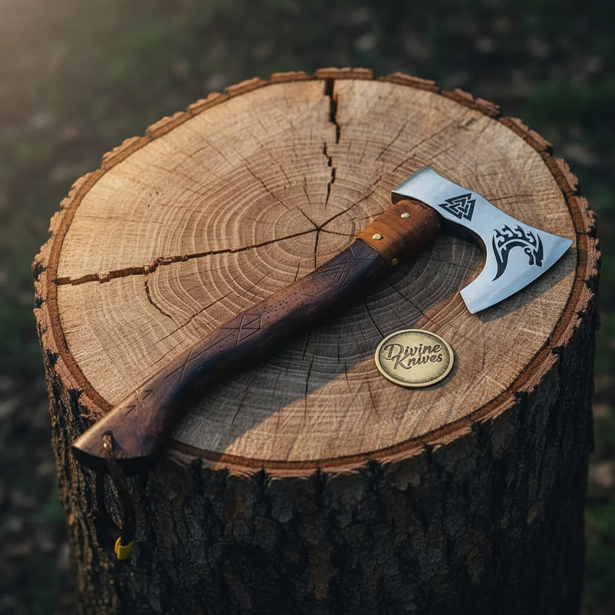Valknut Engraved Viking Axe with Rune Carved Handle and Leather Lanyard