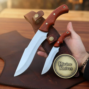 Rosewood Hunting Knife Set with Contoured Grips and Dual Pocket Leather Sheath