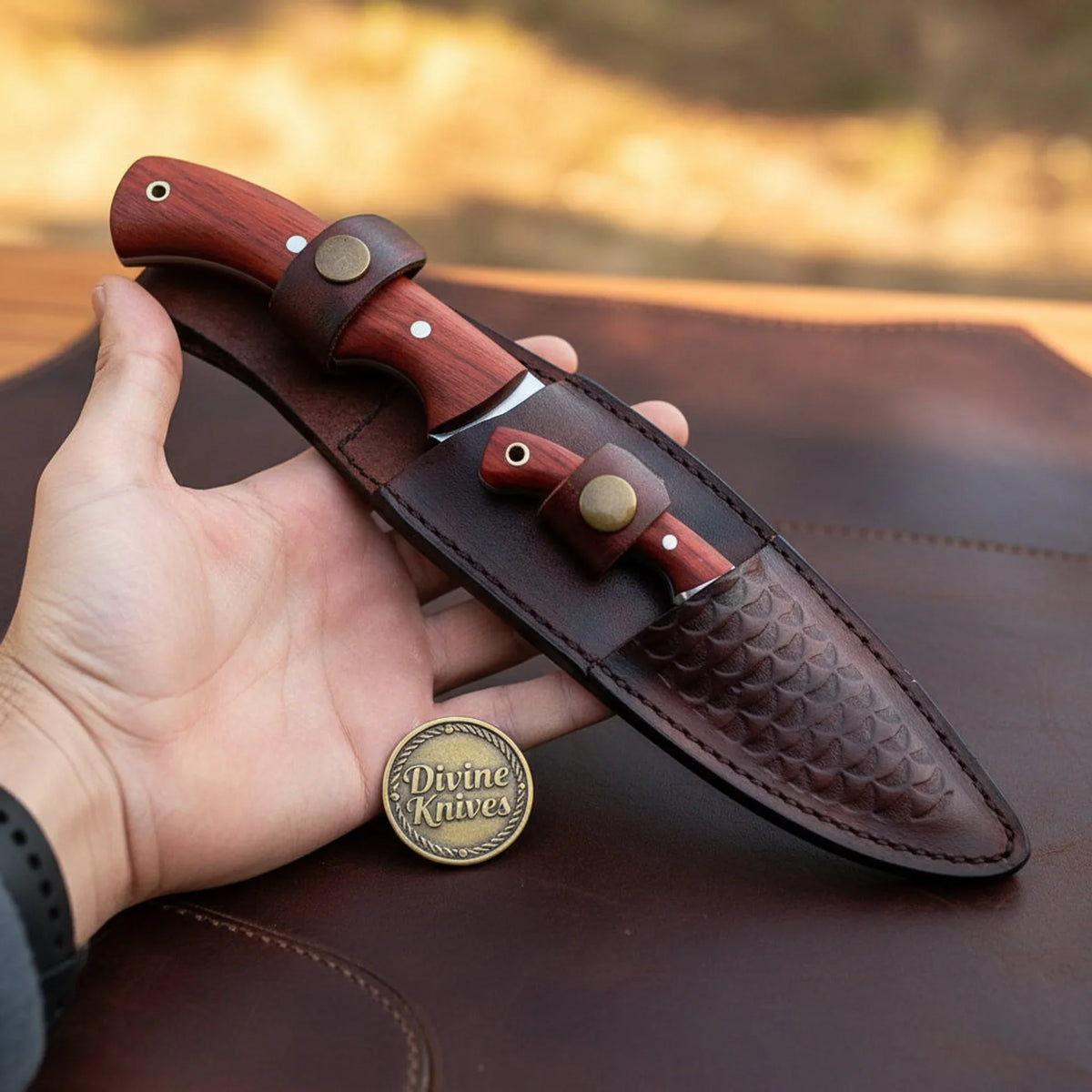 Rosewood Hunting Knife Set with Contoured Grips and Dual Pocket Leather Sheath