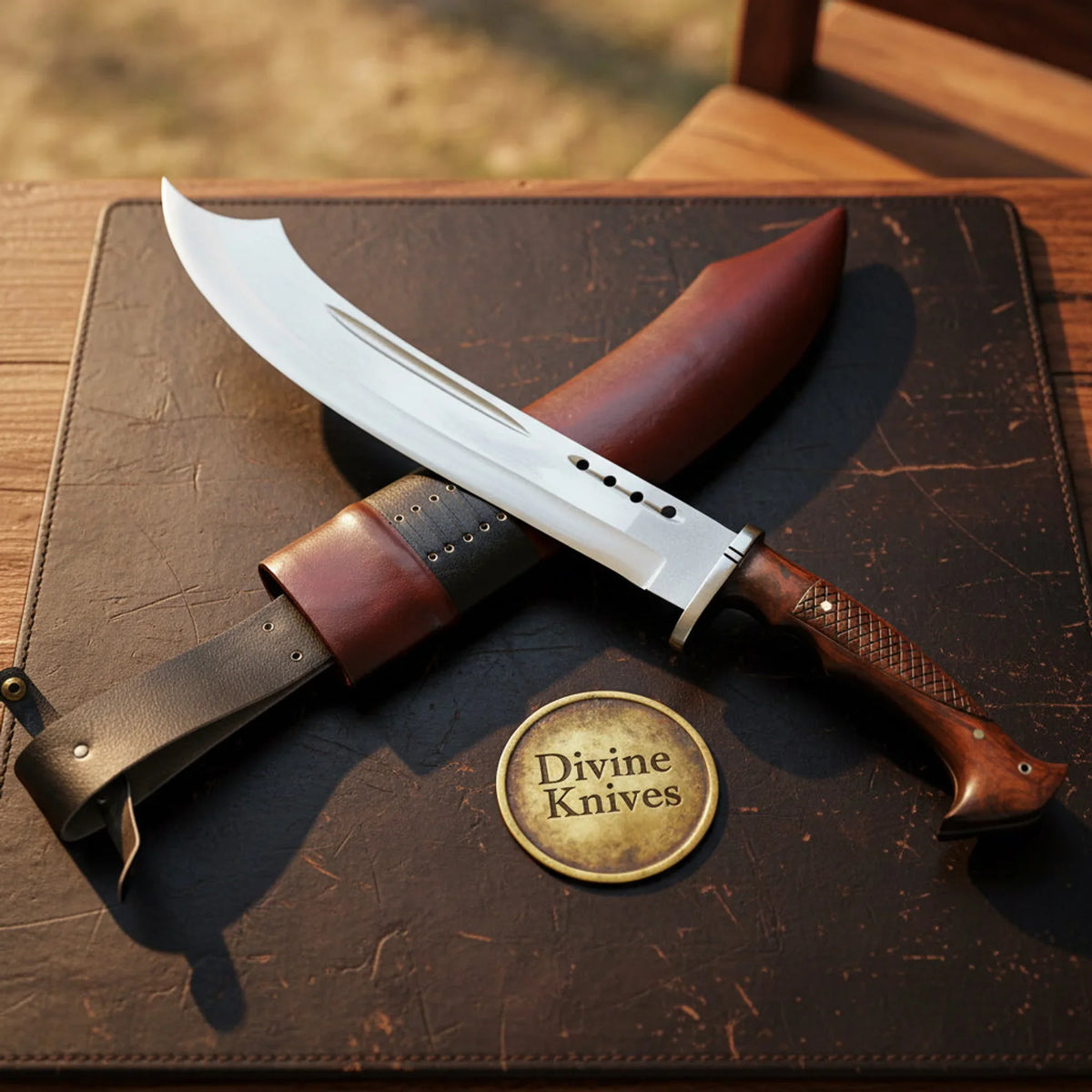 Traditional Rosewood Kukri Knife with Forward Curved Blade and Leather Frog Sheath