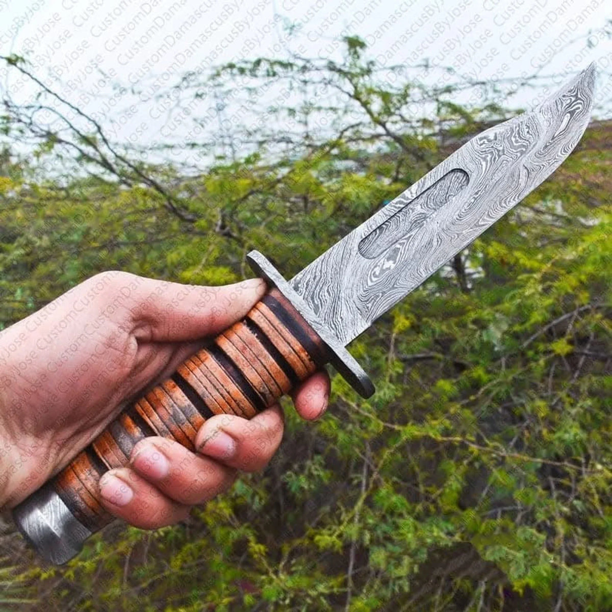 Stacked Leather Handle Survival Knife with Pattern Welded Fullered Blade by Divine Knives