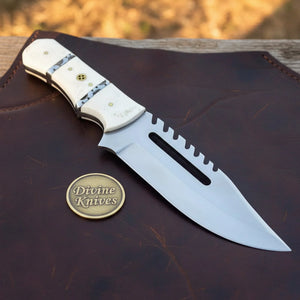 Bone Handle Sawback Hunting Knife with Notched Spine and Camo Spacer Inlays