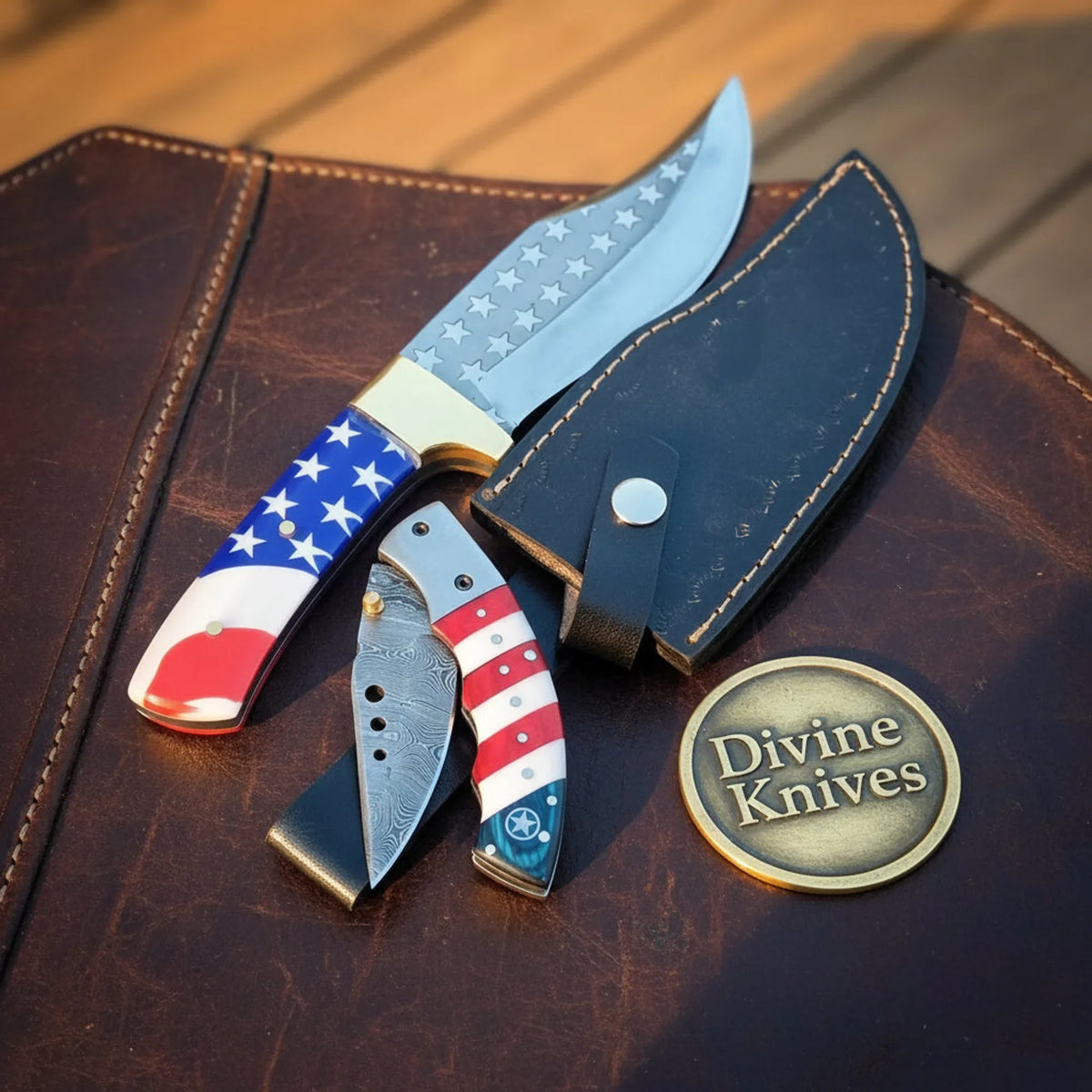 Starfield American Flag Bowie Combo Set with Damascus Folder by Divine Knives