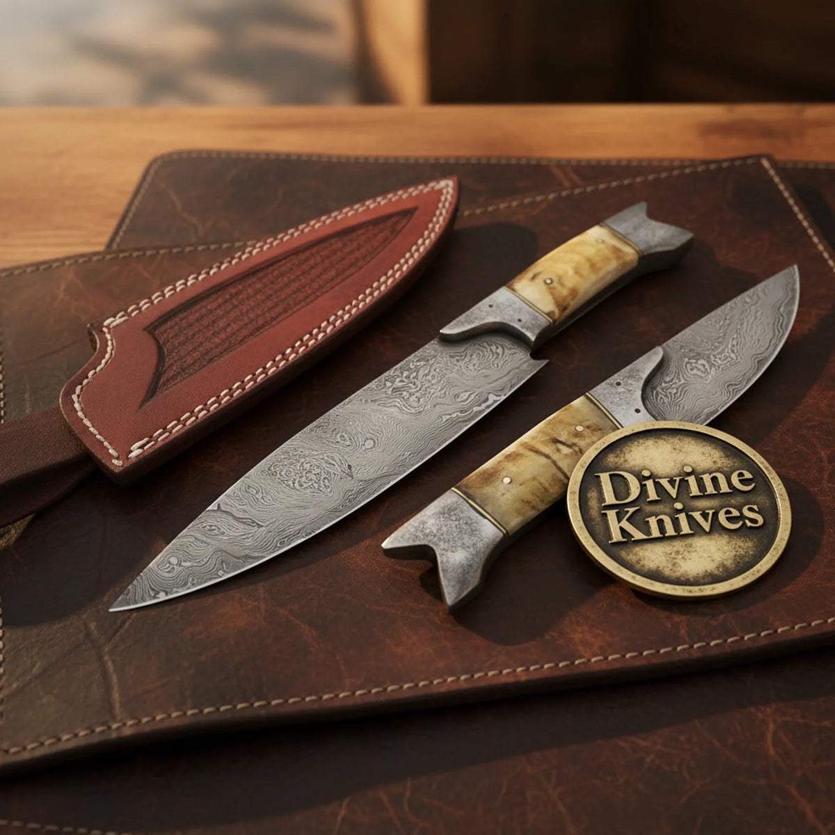 Damascus Fish Bolster Hunting & Skinning Knife Set with Ram Horn Handles