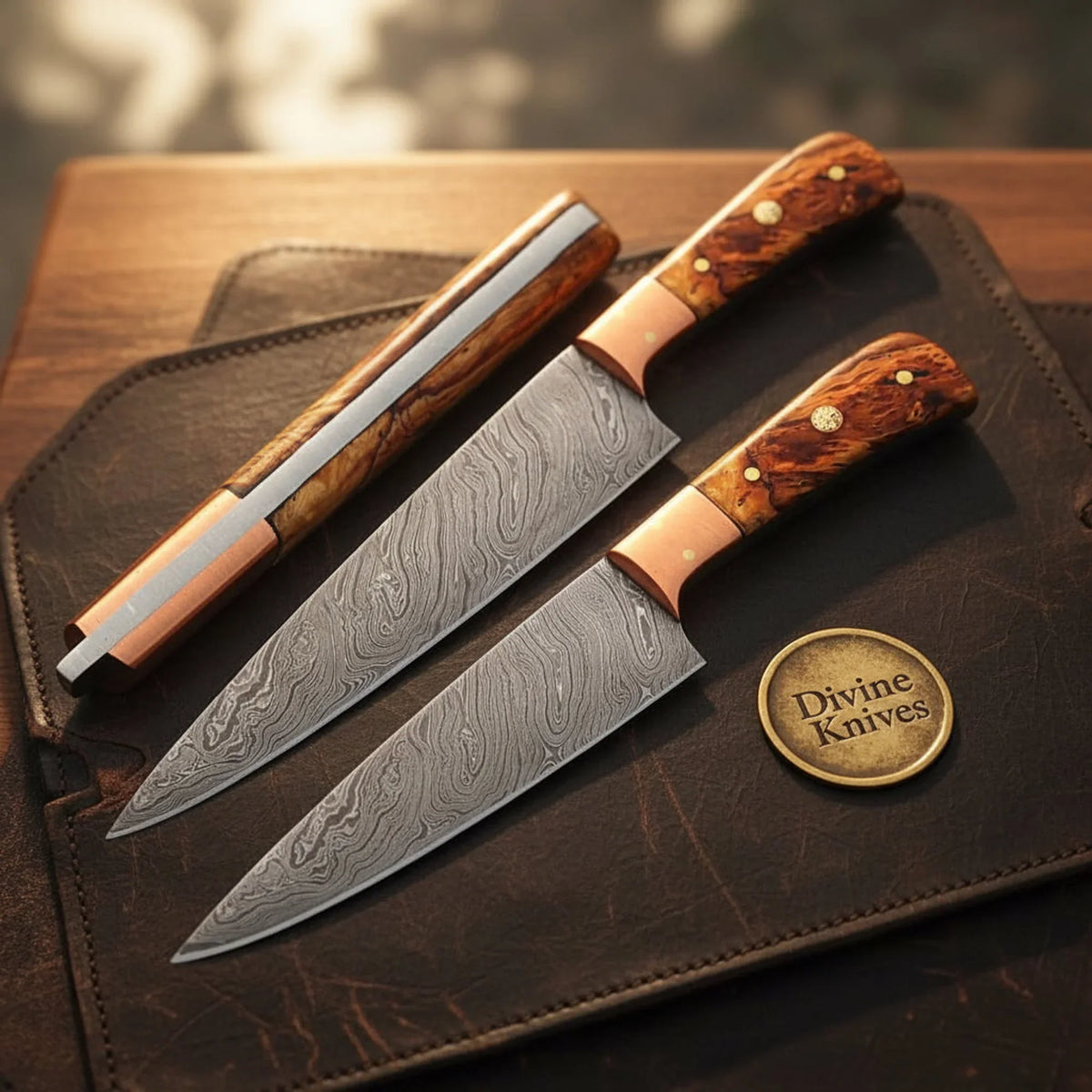Burl Wood Damascus Kitchen Utility & Carving Knife with Copper Bolsters