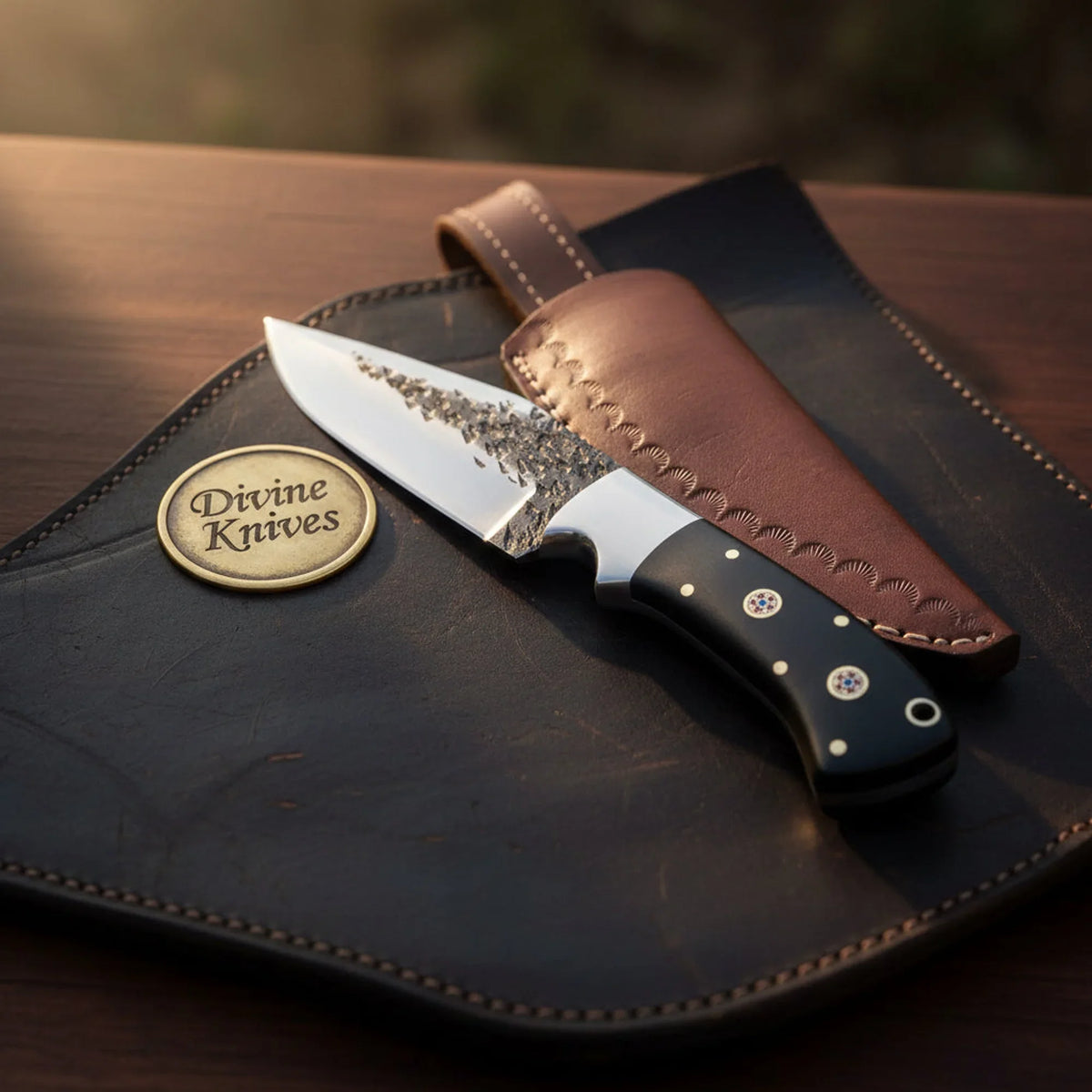 Buffalo Horn Hammered Drop-Point Knife with Natural Horn Grip Handle