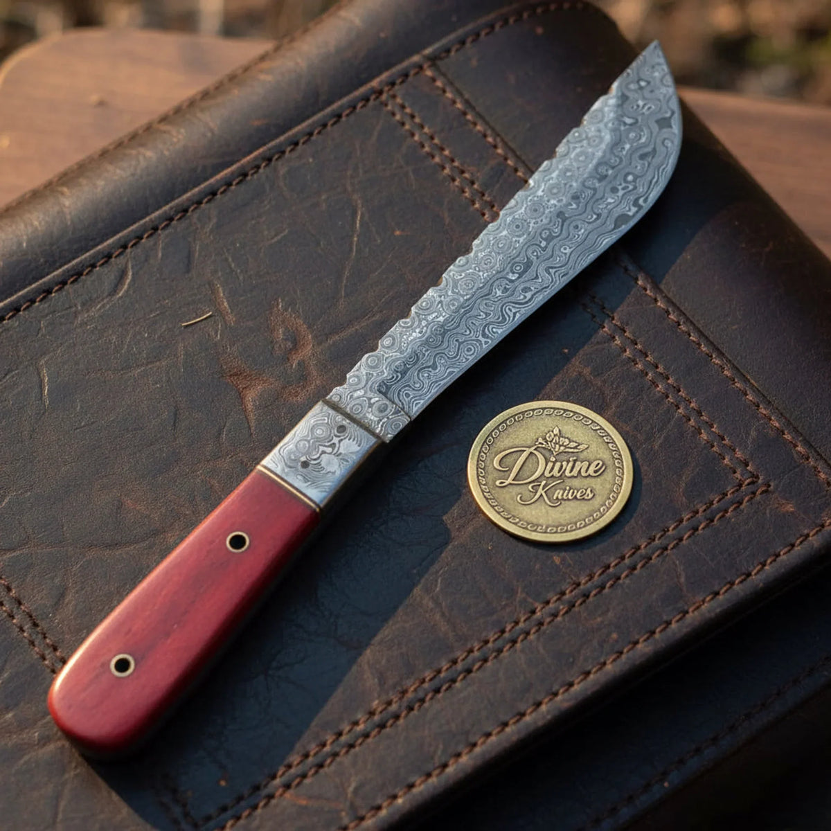 Scarletpin Damascus Machete Hunting Knife with Bullnose Blade