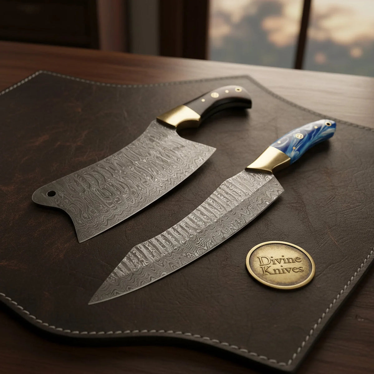 Cleaver and Chef Knife Duo with Brass Bolsters and Horn and Blue Resin Handles