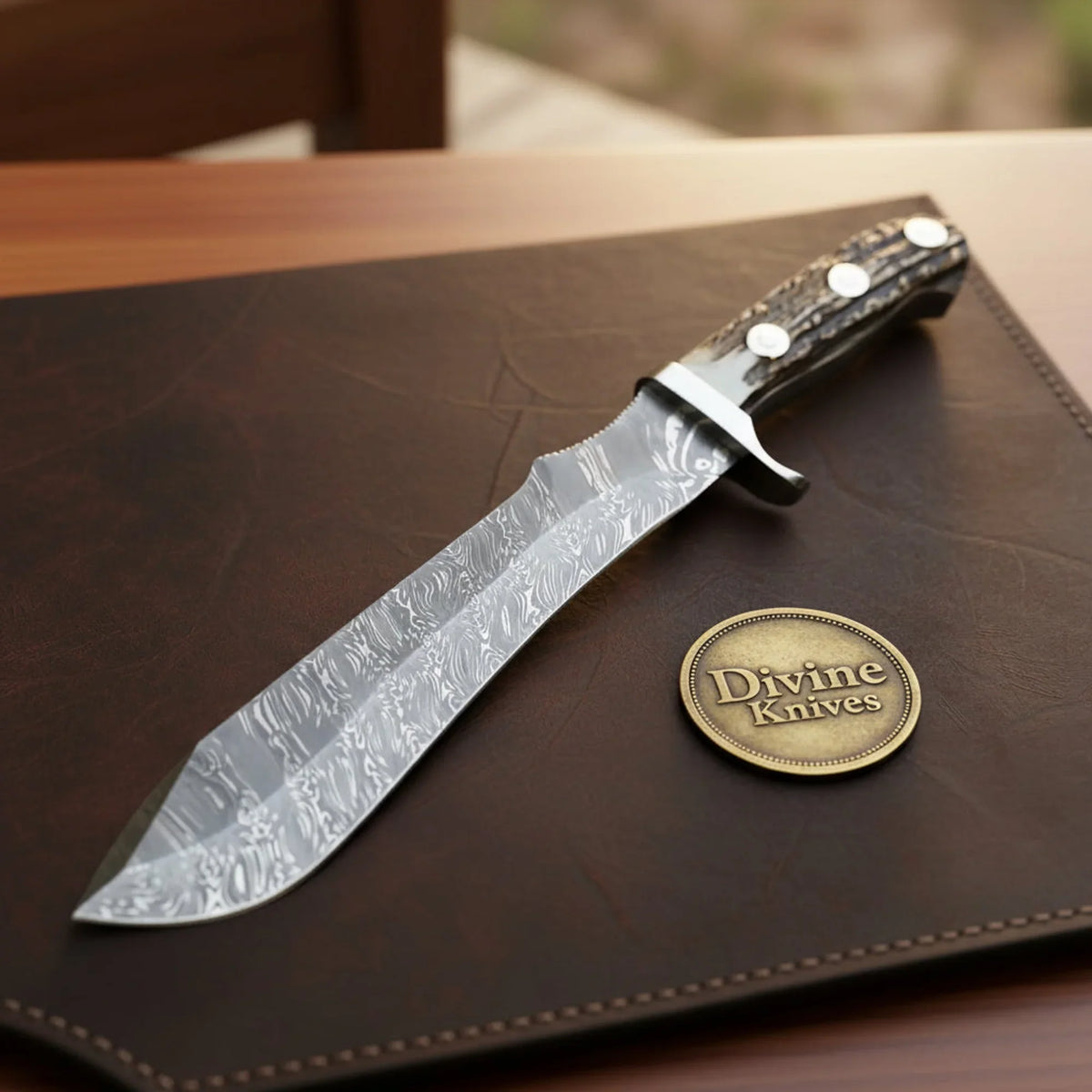 Stag Scale Bolo Knife with Sawtooth Spine and Wide Bellied Forged Blade for Outdoor Chopping