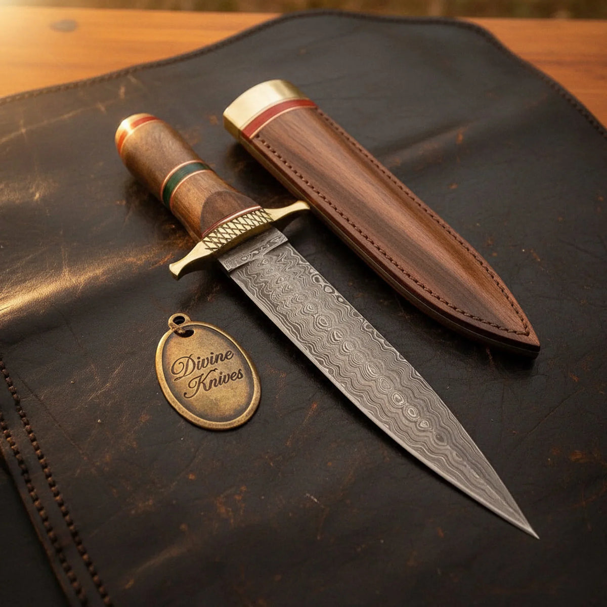 Damascus Steel Rosewood Commando Dagger with Matching Wood Sheath