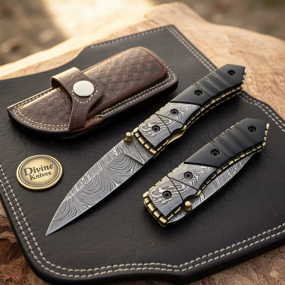 Buffalo Horn Damascus Drop Point Folder with Natural Horn Scales