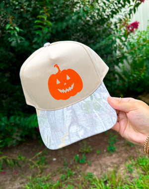 Halloween Pumpkin Khaki/Washed Camo Trucker Hat