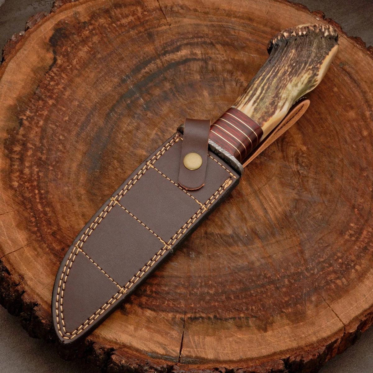 Crown Stag Damascus Hunting Bowie with Wire-Wrapped Spacer