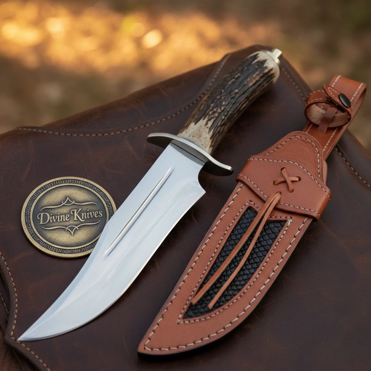 Antler D2 Steel Western Bowie Knife with Natural Antler Handle