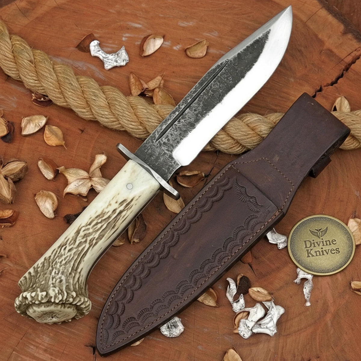 Crown Stag Hammered Crossguard Bowie Knife with Natural Antler Handle by Divine Knives