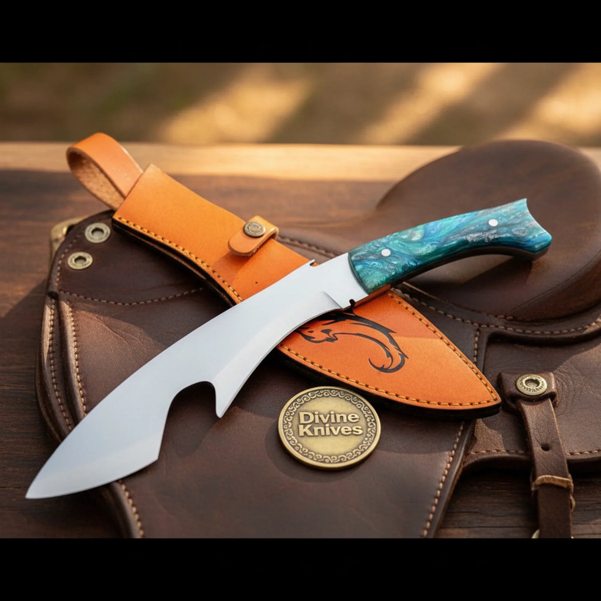 Blue Resin Shark Fish Blade Gurkha Kukri with Ocean Colors handle by Divine Knives