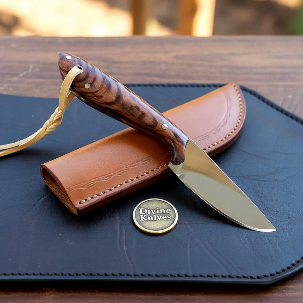 Burl Wood Drop Point Cowboy Skinner with Polished Blade by Divine Knives