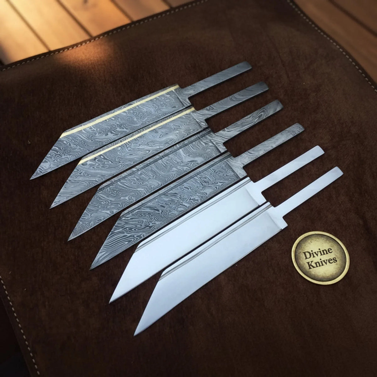 6-Piece Damascus & Carbon Steel Seax Blade Blank Set by Divine Knives