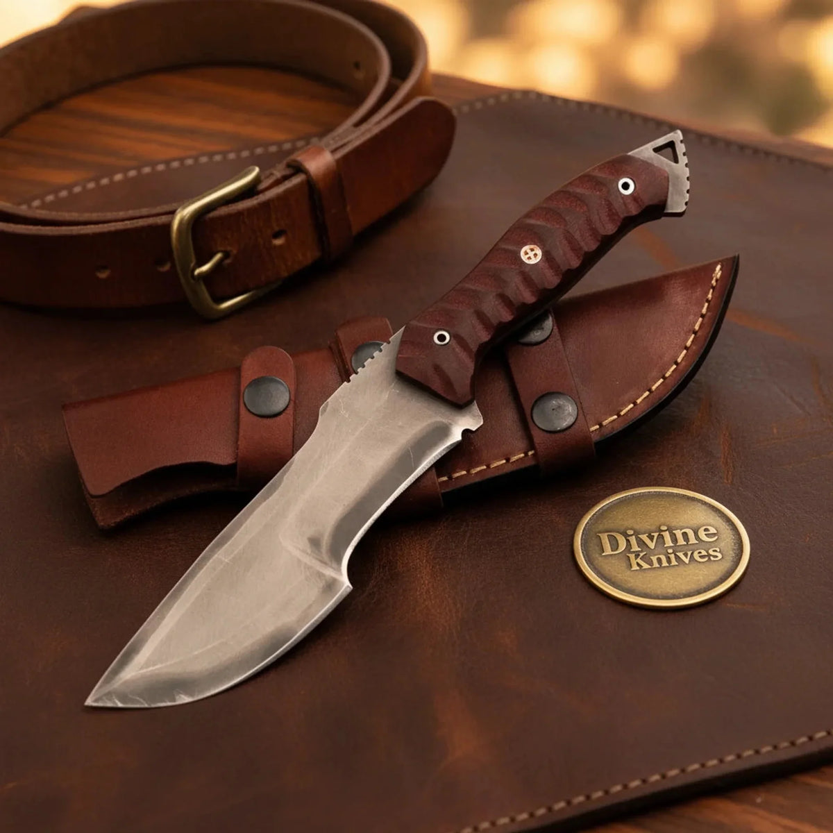 Maroon Micarta Carbon Steel Tracker Knife with Textured Grip by Divine Knives
