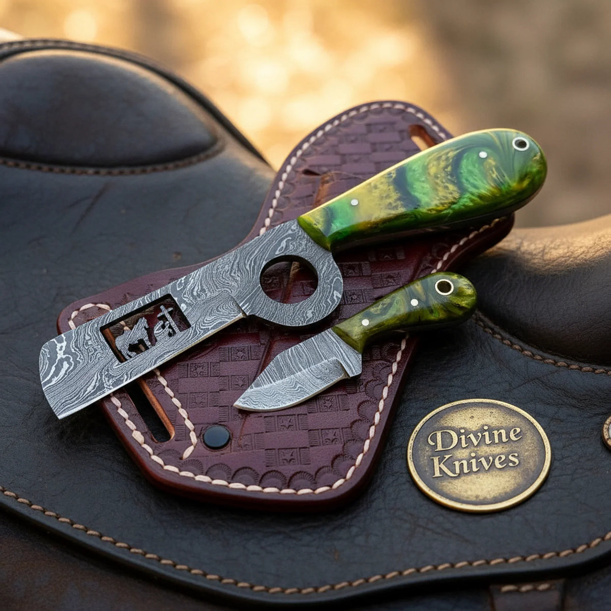 Swirling Green Praying Bull Cutter & Neck Skinner Set by Divine Knives