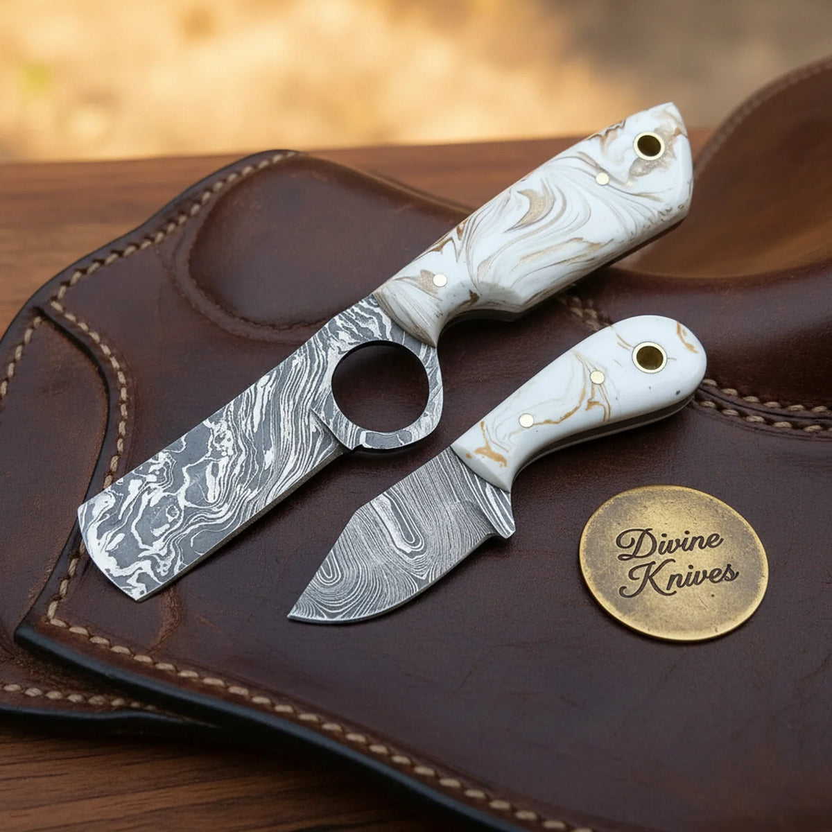 White Marbled Finger Hole Bull Cutter & Neck Skinner Set by Divine Knives
