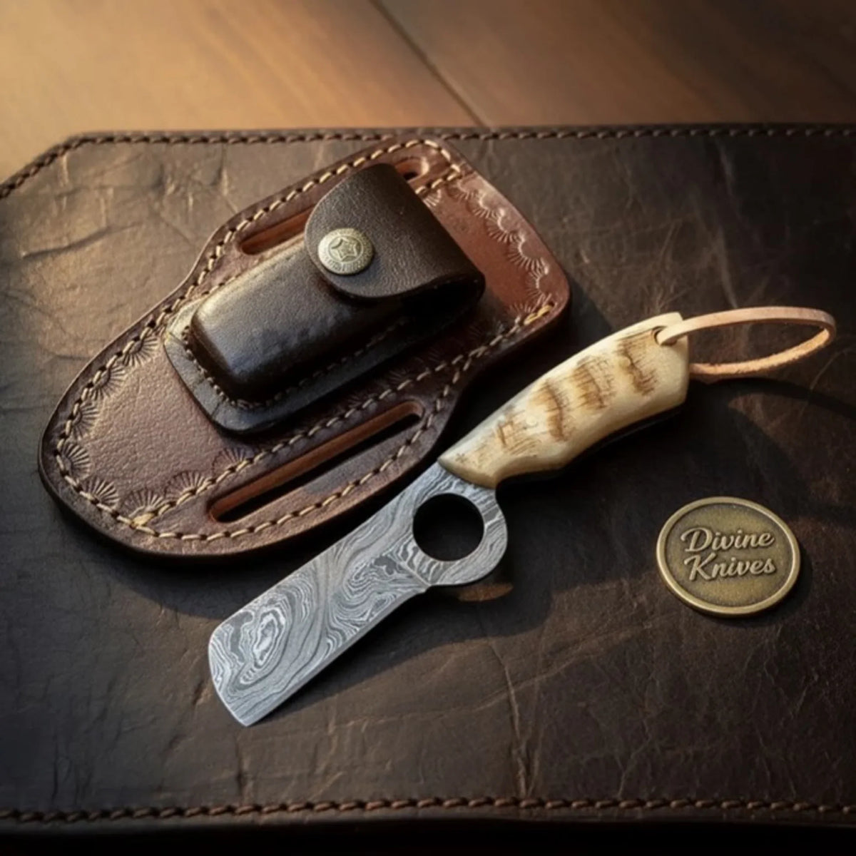 Loop Hole Ram Horn Damascus Bull Cutter with Compact Layered Blade by Divine Knives