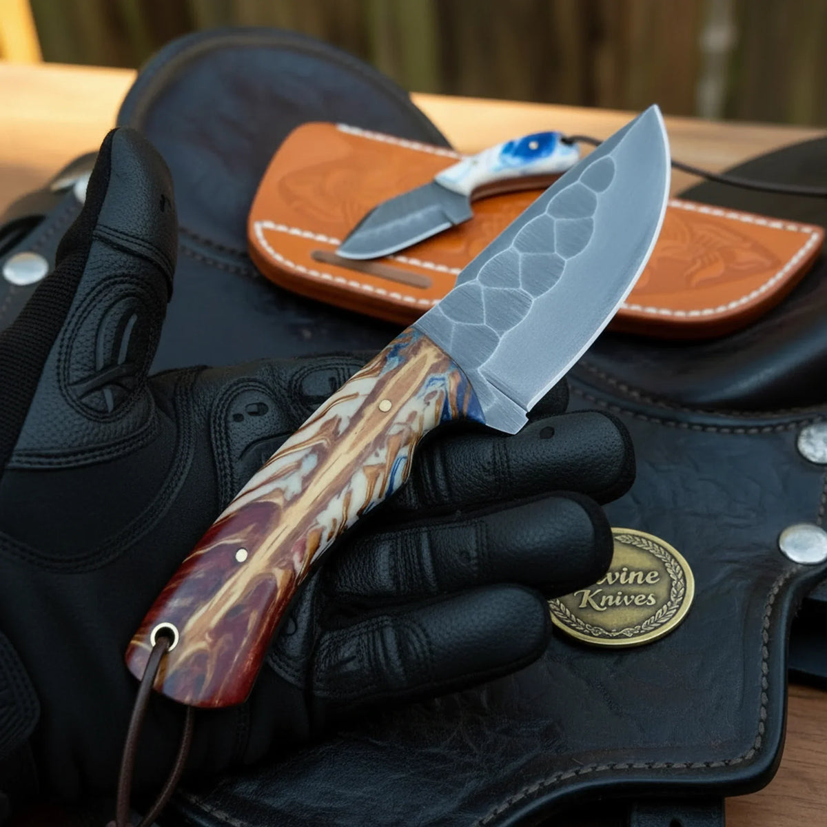 Multicolor Swirl Resin Skinner & Neck Knife Set for Daily Use by Divine Knives