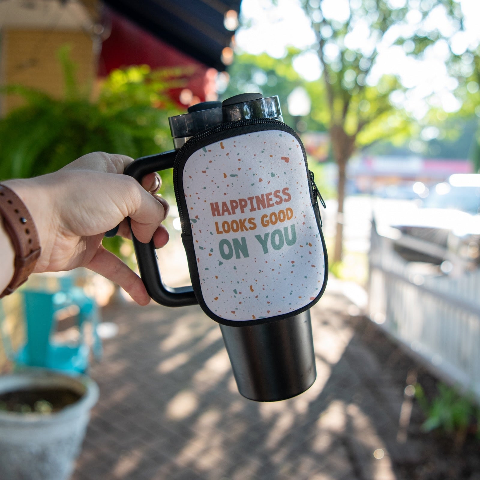 Happiness Looks Good on You - Tumbler Pouch by Still Magnolia, custom drinkware main product photo