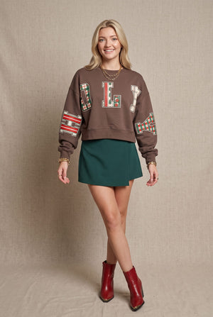 Holly Jolly Patch Mocha Crop Sweatshirt by Southern Bliss Company – view 5